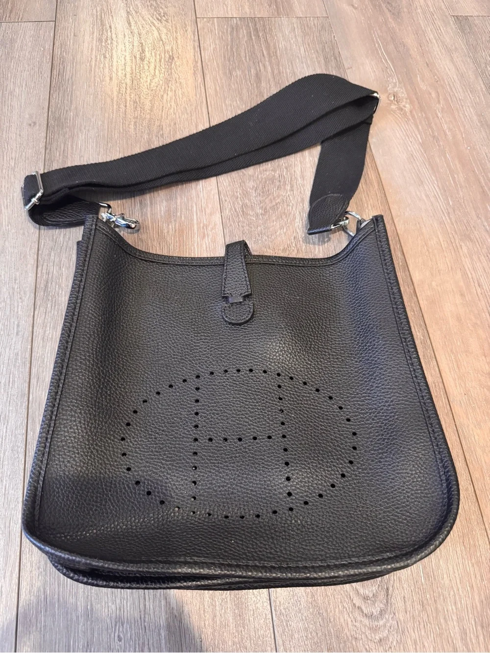 Black Leather Crossbody Bag with Perforated Logo